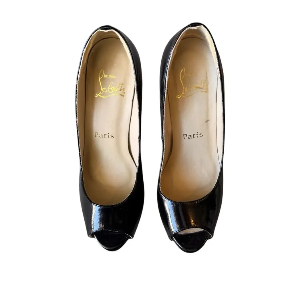 Christian Louboutin - Black Patent Peep-Toe Stiletto Heels Red Soles Sz 37